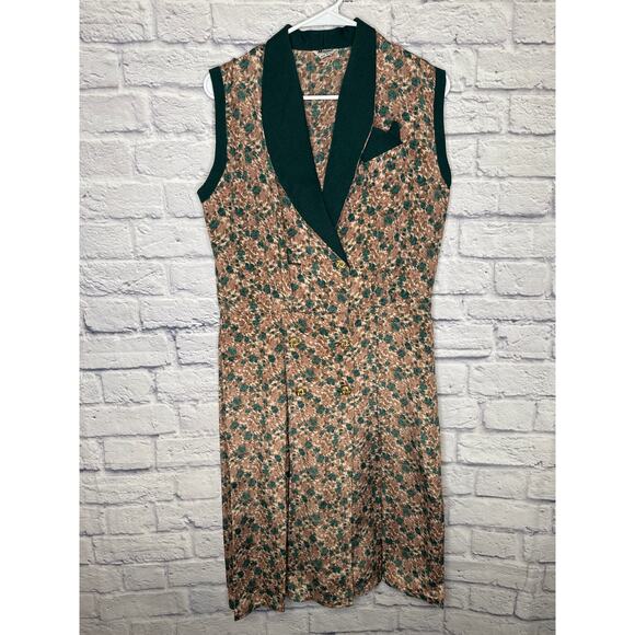 Malec Vintage Short Sleeveless Floral Dress Gold Buttons Emerald Trim SZ MEDIUM - Picture 1 of 6